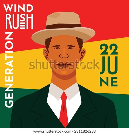 Vintage Black Man Wearing Suit and Hat on Windrush Event with African Tribe Flag Colors 22 June  