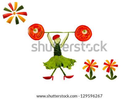 Healthy eating. Funny little woman of the cucumber slices raises tomato bar.