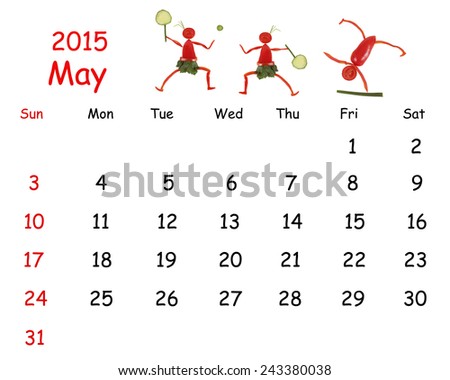 2015 Calendar. May. Little funny people from vegetables and fruits.