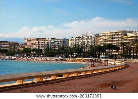 CANNES, FRANCE -  JULY 5, 2014. Cannes bay in alpes maritimes french riviera France. Cannes located in the French Riviera. The city is famous for its Film Festival. FRANCE, - JULY 5, CANNES 2014