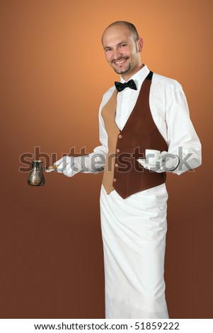 Waiter In Uniform With Percolator And Cup Of Coffe. Stock Photo ...