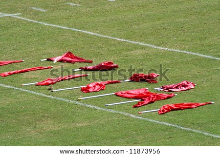 Red Flags placed for a Color Guard Performance for a Marching band Halftime Show.