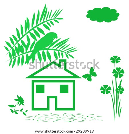 green house and nature symbols on white ecology poster