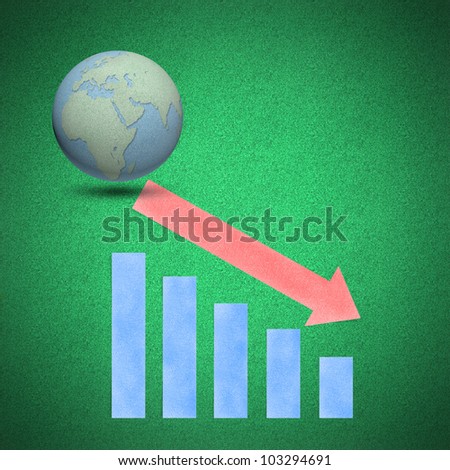 Arrow graph decrease globes concept on green background by cork board