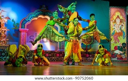 BHUBANESWAR, INDIA - NOVEMBER 24: An unidentified group of male dancers wears traditional ladies costume and performs Gotipua dance at Rabindra Mandap on November 24, 2011 in Bhubaneswar, India