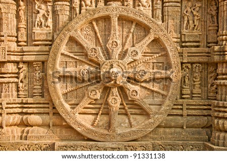 Closer look of the splendid chariot wheel and the Carvings on it at Sun temple, Konark, India