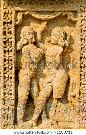 Erotic voluptuous sculptures at Sun temple Konark, Orissa, India
