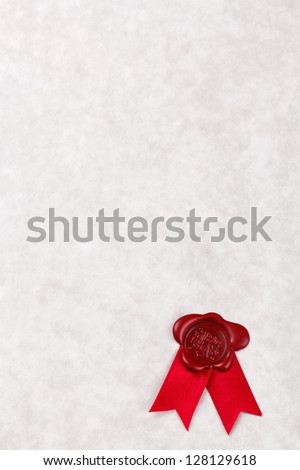 Blank sheet of parchment paper with a red wax seal and ribbon, add your own text to make a certificate, award, letter, diploma or other official document.