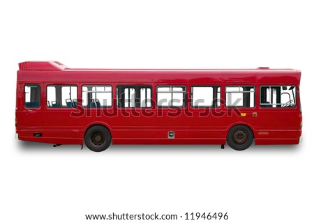 Red single deck bus / coach, isolated on a white background with clippings paths. Slight shadow has been added but can be easily removed by using the clipping path.