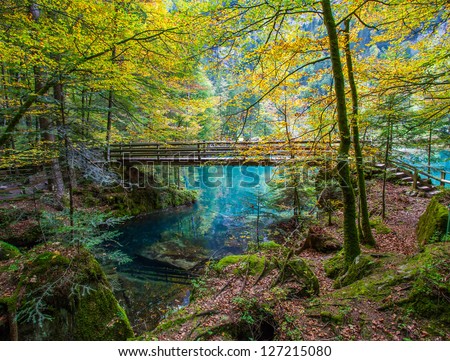 The wooden bridge ar Blausee/ Blue Lake in early autumn, Kandersteg, Switzerland.