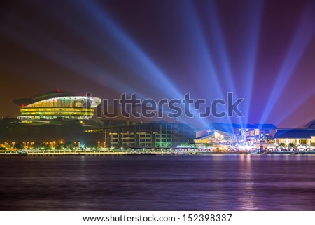 Search lights and modern buildings, Putrajaya nightscape view.