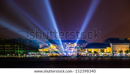 Search lights and modern buildings, Putrajaya nightscape view.