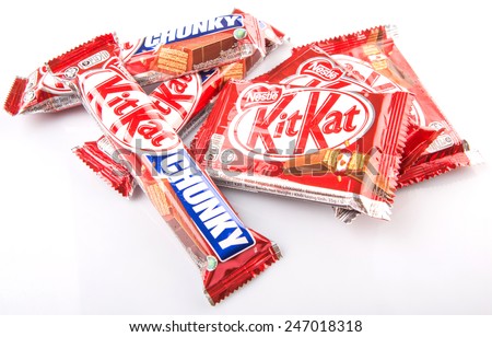 KUALA LUMPUR MALAYSIA, JANUARY 26TH 2015. Kit Kat is a chocolate covered wafer bar  created in 1911 by Rowntree\'s of York, England. NestlÃ?Â© which acquired Rowntree in 1988 now sells Kit Kat globally.