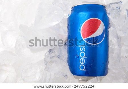 KUALA LUMPUR, MALAYSIA - FEBRUARY 2ND 2015. Pepsi can drink on ice. Pepsi is a carbonated soft drink produced and manufactured by PepsiCo Inc. an American multinational food and beverage company.