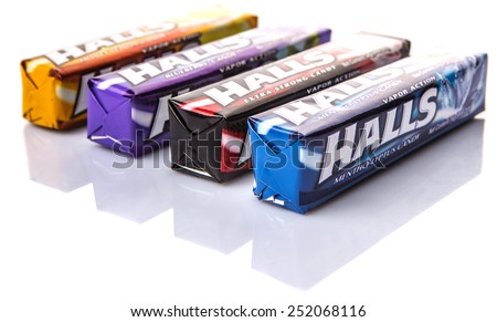 KUALA LUMPUR, MALAYSIA - FEBRUARY 11TH, 2015. Halls is the brand name of a popular mentholated cough drop and sold by the Cadbury-Adams Division of Cadbury, now owned by Mondelez International.