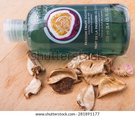 PUTRAJAYA, MALAYSIA - MAY 28TH, 2015. Body Shop Passion Fruit shower gel. The Body Shop with 1,200 products including cosmetics and make-up are sold in 2,500 franchised stores in 61 countries.