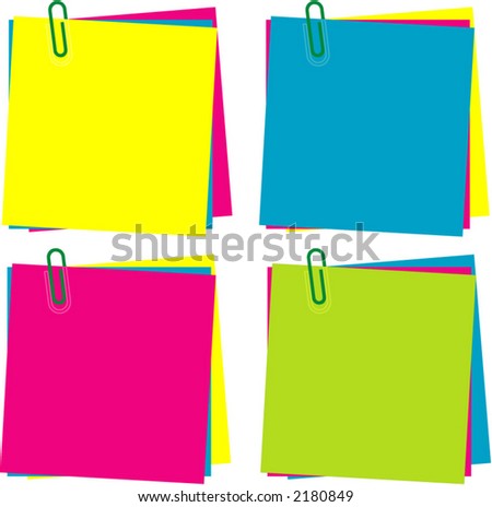 Collection of Notes in different colors, with Pins isolated on white.