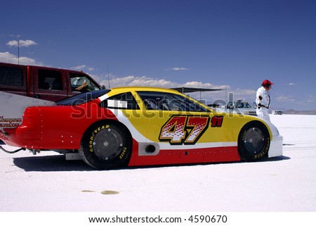 Track official give the start signal to a driver at Bonneville Salt Flats in Utah 11 August 2007
