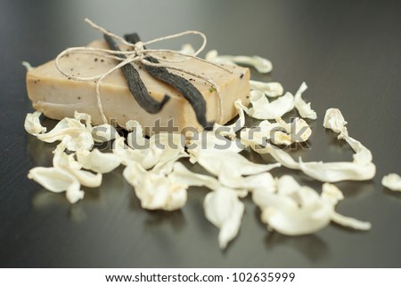 bar of soap with vanilla beans and vanilla petals