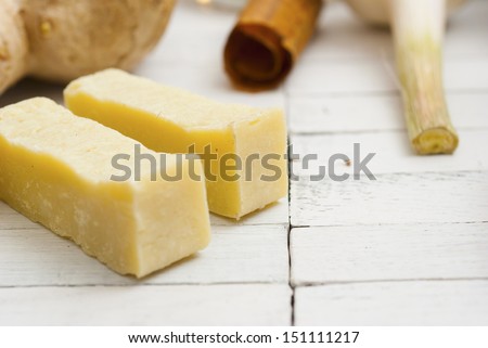 soap blocks white wood table