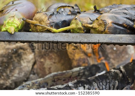 eggplants baking on the roast, natural outdoor food