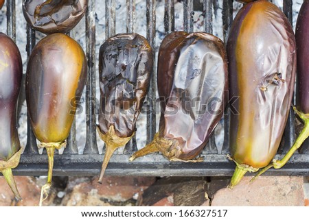 eggplants baking on the roast, natural outdoor food