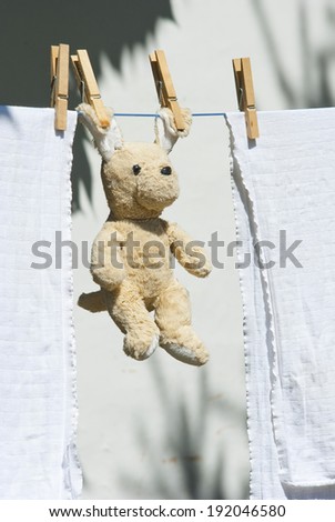 stuffed animal hanging on clothesline