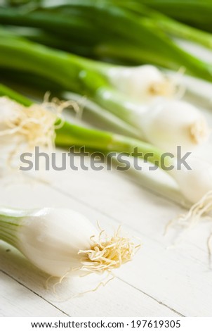 fresh spring onions with root on white wooden table