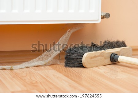 broom with dirty spider web at house cleaning