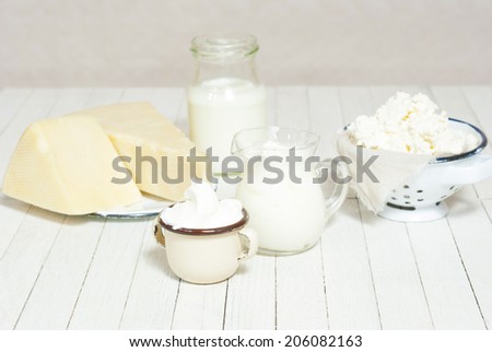 dairy products on white wooden table