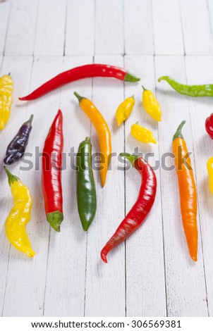 chili pepper selection on white wood table background