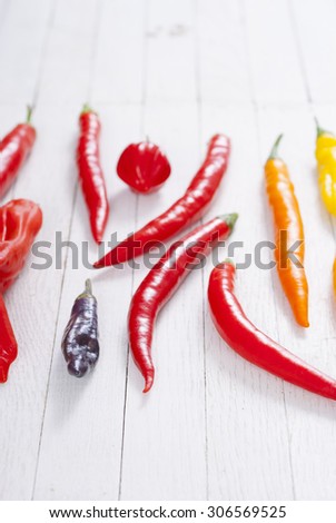 chili peppers selection on white wood table background