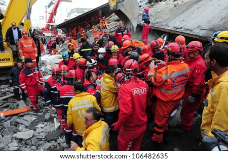 VAN, TURKEY - NOVEMBER 10, 2011: Rescue teams are searching through the buildings destroyed during the earthquake in Van. Van, Turkey. November 10, 2011
