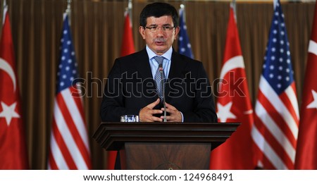 ISTANBUL, TURKEY - AUGUST 1: Turkish Foreign Minister Ahmet Davutoglu talks to the press after meeting the US Secretary of State Hillary Clinton on August 1, 2011 in Istanbul, Turkey.