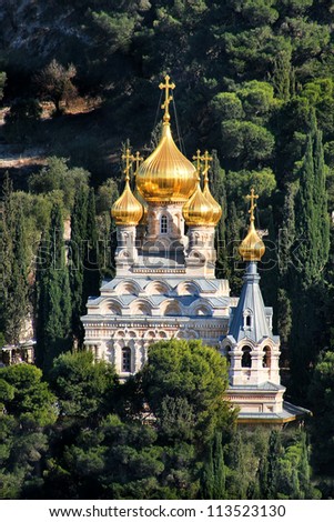 Church of Mary Magdalene located on Mount of Olives in Jerusalem, Israel (vertical composition).