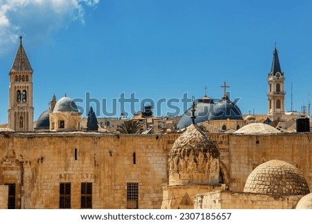 Similar – Image, Stock Photo Church of the Holy Cross with mountain in the background, Perissa, Santorini, Greece