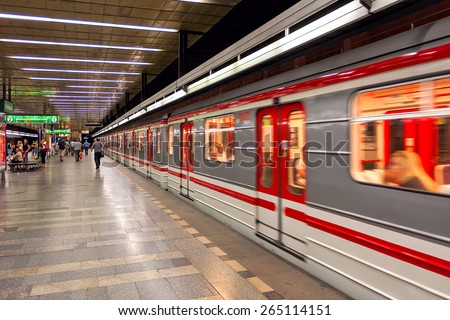 PRAGUE, CZECH REPUBLIC - JULY 16, 2009: Train leaves metro station - rapid transit network of Prague founded in 1974, contains 3 lines, 57 stations and is fifth busiest metro system in Europe.