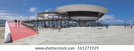 NITEROI, BRAZIL - OCTOBER 19: panoramic view of Niteroi Contemporary Art Museum (MAC) designed by Oscar Niemeyer in the city of Niteroi, Rio de Janeiro, Brazil, on October 19, 2013.