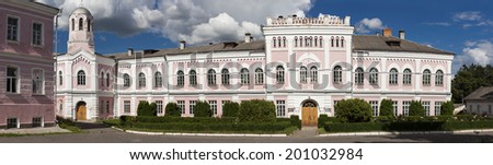 Panoramic view with church of the old campus building of National University of Horticulture located near famous Sofievka park in Uman, Ukraine.
