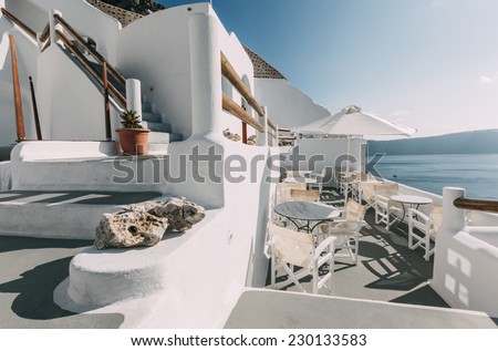 OIA, SANTORINI, GREECE - NOVEMBER 4: decor of the terrace of Caldera Villas, one of the hotels located in Oia, Santorini, Greece on November 4, 2014.