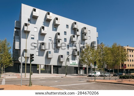MADRID, SPAIN - APRIL 11: facade of the social housing In Carabanchel by COCO arquitectos in  Madrid, Spain on April 11, 2015.