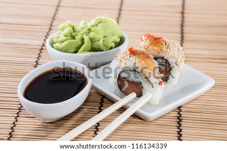 Fresh Sushi Rolls on a small plate with Soy Sauce and Wasabi