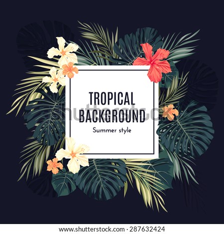 Summer tropical hawaiian background with palm tree leaves and exotic flowers, space for text, vector illustration.
