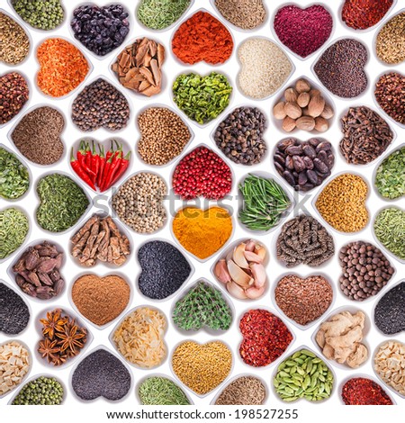 Seamless texture with spices and herbs over white background