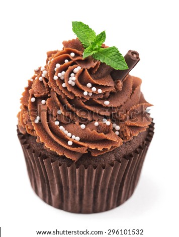 chocolate cupcake with fresh mint isolated on white background
