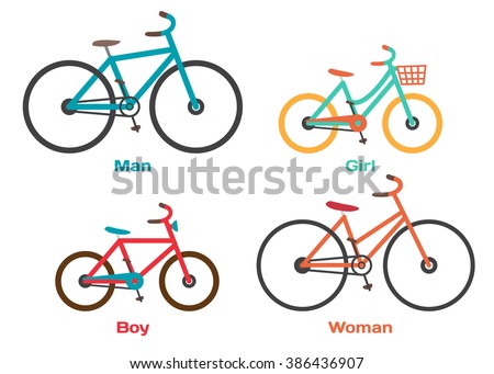 Bicycle Set for family ride. Set riding bikes isolated on white background. Bike for man, woman, boy, girl. Vector flat cartoon illustration