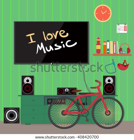Home cinema system in interior room with bike. Home theater flat vector illustration. TV, loudspeakers, player, receiver, subwoofer for home movie theater and music in the apartment. Bi?ycle in room