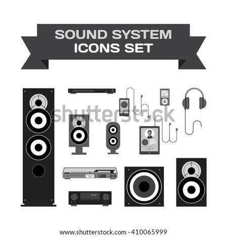 Home sound system. Home stereo flat vector set icons for music lovers. Loudspeakers, player, receiver, subwoofer, computer, remote, vinyl, smartphone, tablet, headphones icons for listening to music