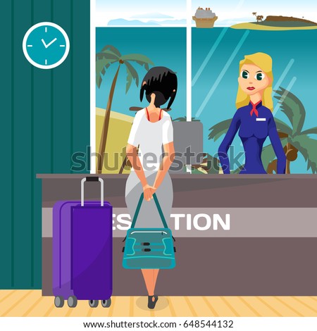 Check into a hotel on a tropical beach. Young woman with suitcases is standing at the reception desk. Flat vector cartoon illustration