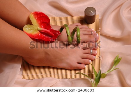 Pedicured feet, tropical flower, bamboo plant on silk cloth
